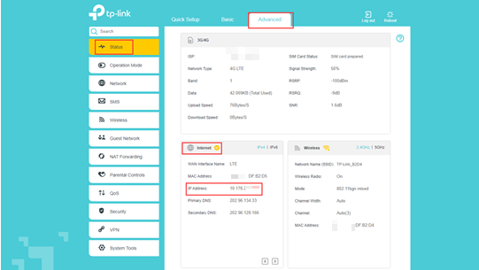 Advanced-Status page of 4G LTE Router UI.