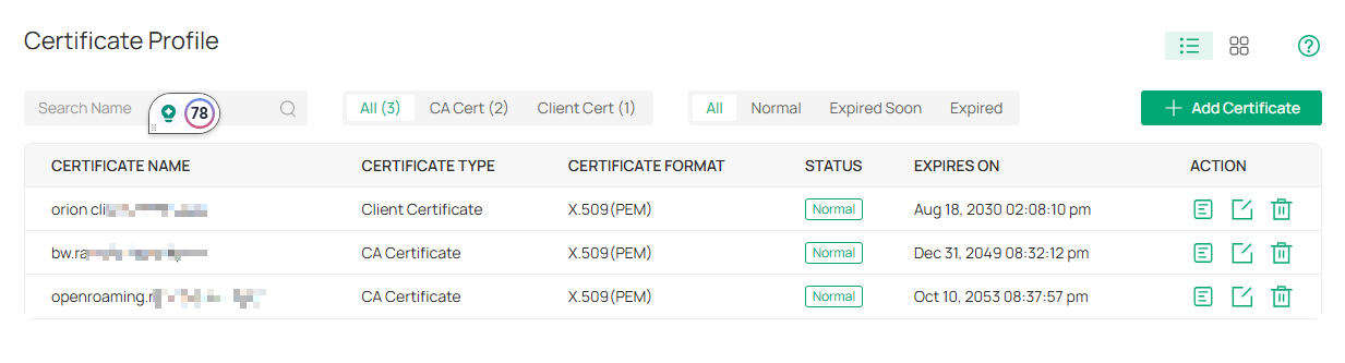 Shows a table of the created certificate profiles. 