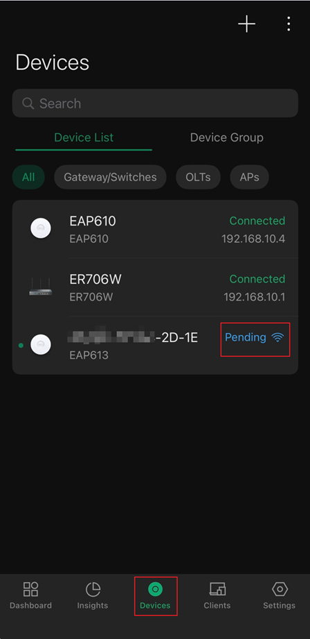 Check the Devices tab in the site view of APP.