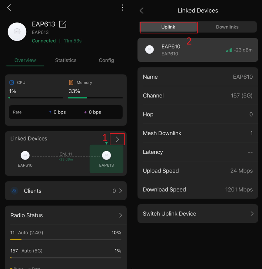 Check the mesh information on the downlink AP.