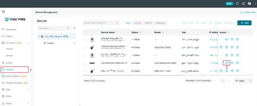 Shows the devices page and where to edit for the NVR.