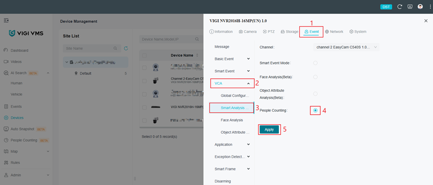 Shows the path to turn on the people counting feature for the NVR.