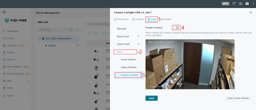Shows the path to turn on the people counting feature for the IPC.