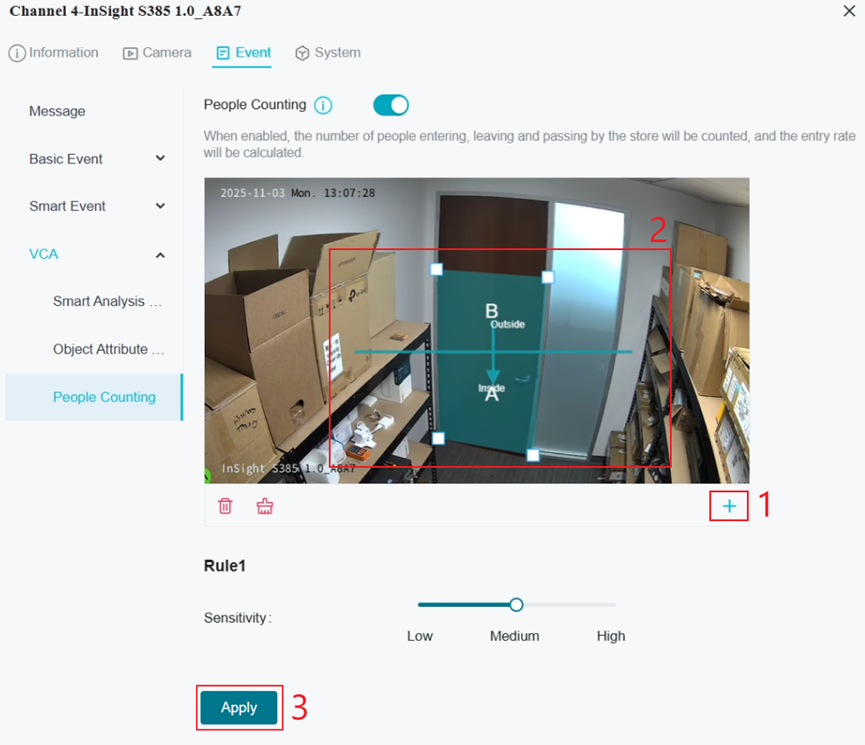 Shows configuring the detection area and rules for People Counting on the IPC.