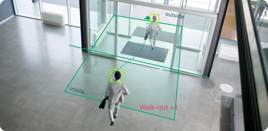 Shows a person walking from inside to outside; being counted.