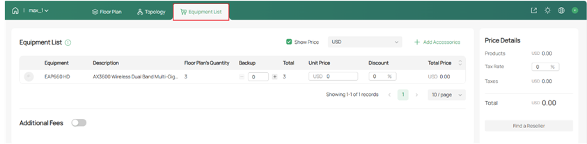 Enter Equipment List page.