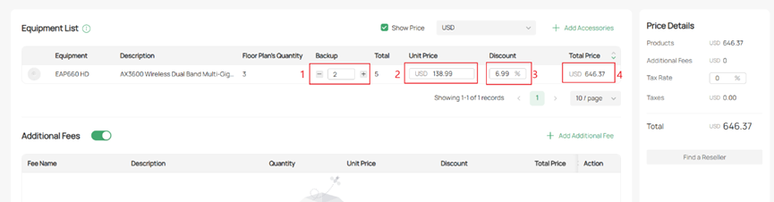 Enter quantity of Backup, Unit Price and Discount, the Total Price is automatically calculated.