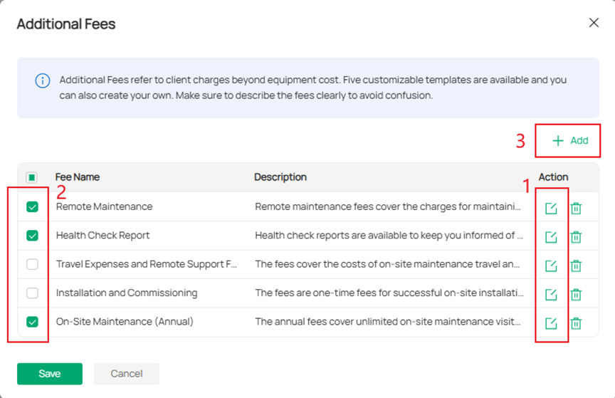 The system includes 5 predefined additional fee templates, please select the required additional fees.