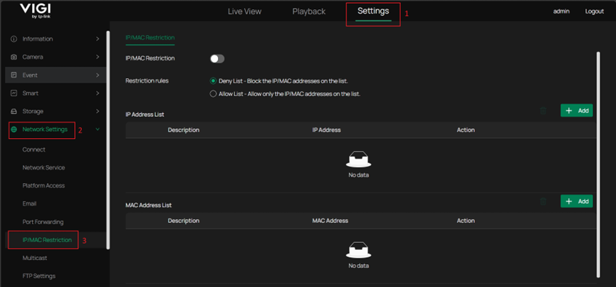 The user interface for configuring IP/MAC Restriction feature.