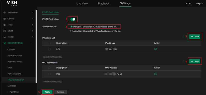The process for configuring the Deny list rule.