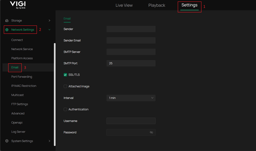 SMTP Server Configuration User Interface on a VIGI IPC.