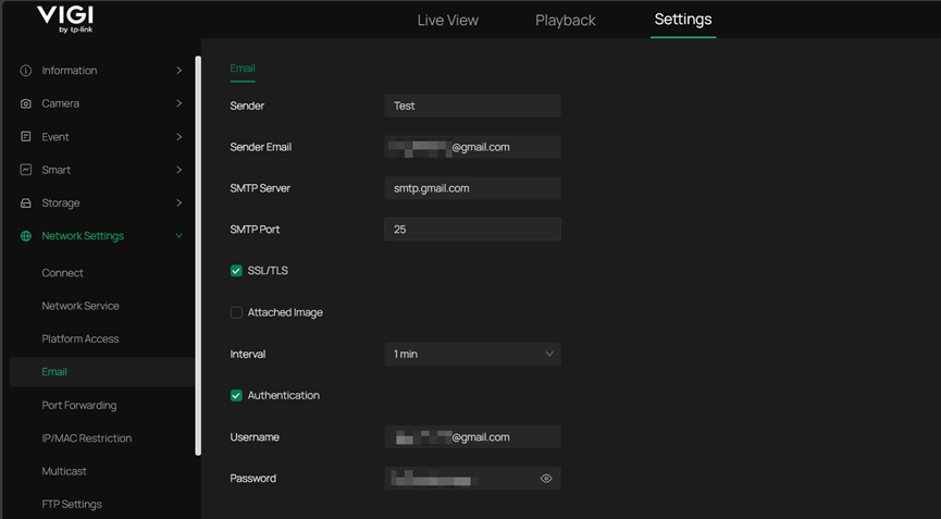 SMTP Server Parameter Configuration on a VIGI IPC.
