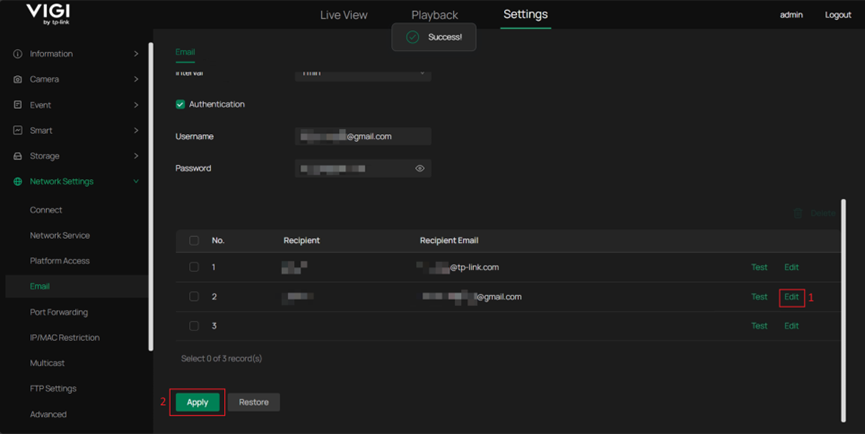 Notification recipient Email address configuration on a VIGI IPC.