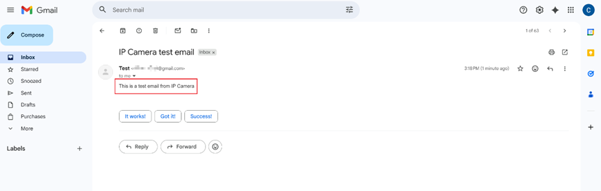 Example of a Test Email from the SMTP Server.