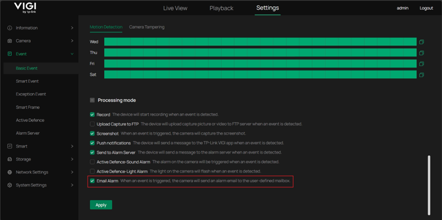 Event configuration interface for determine whether send Email notifications or not.