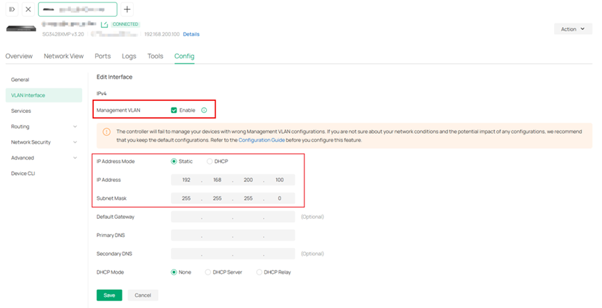 Show the management interface status of the switch on controller.
