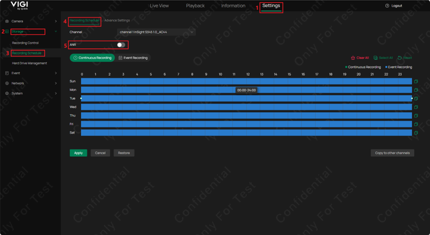 Show the position of the ANR switch on NVR web interface.