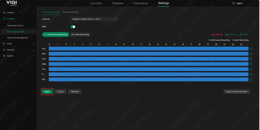 Shows the recording schedule being created and where to hit apply. 