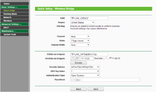 Wireless Bridge page.