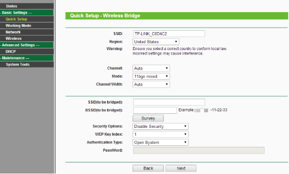 Choose wireless parameters.