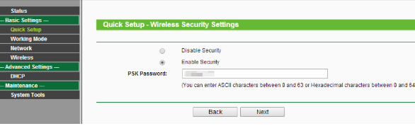 Wireless Security Settings page.
