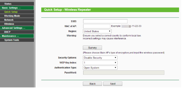 Wireless Repeater page.