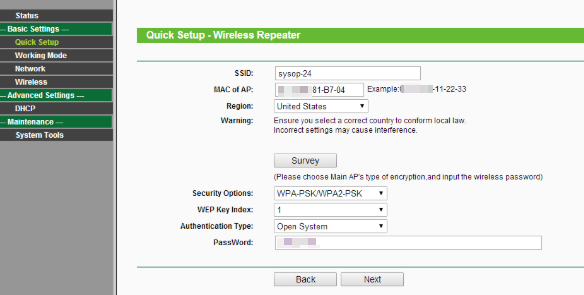 Wireless Repeater page.