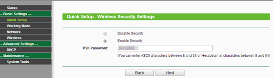 Wireless Security Settings page.