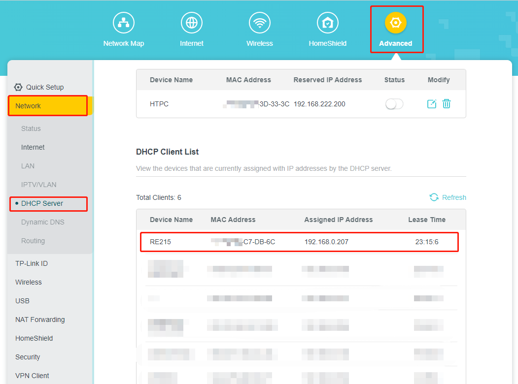 DHCP Client List page.