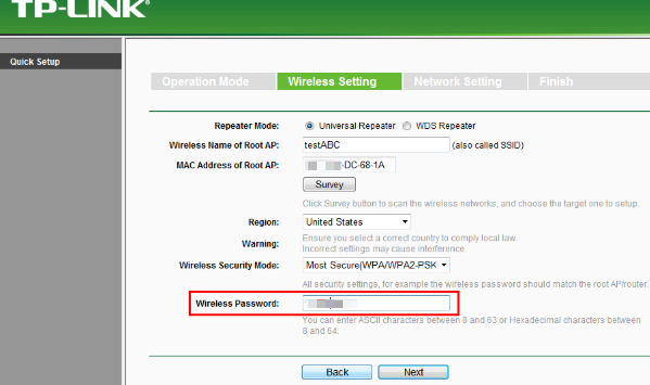 Wireless Setting page.