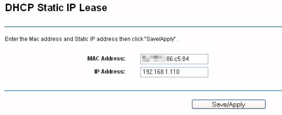 DHCP Static IP Lease page.