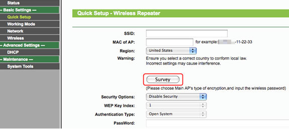 Wireless Repeater page.