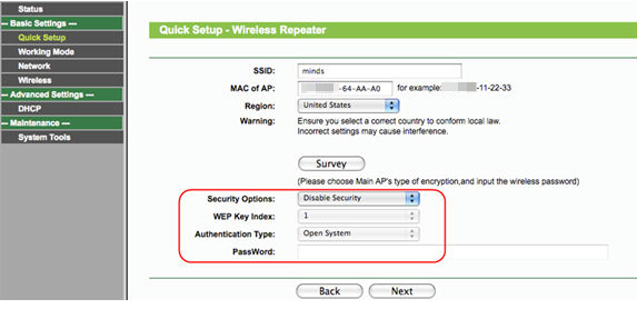 Wireless Repeater page.