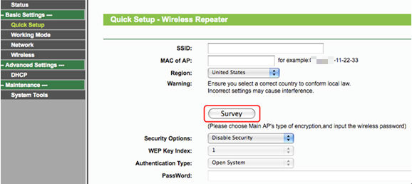 Wireless Repeater page.
