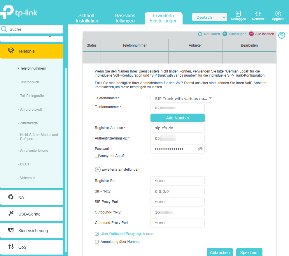 Konfiguration der E.on-Telefonverbindung auf dem TP-Link-Modem.