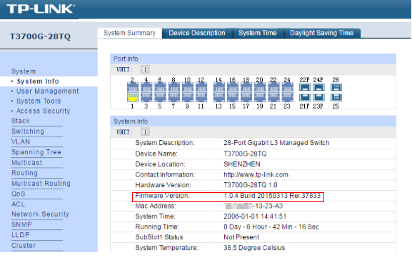 JetStream switch system info page.
