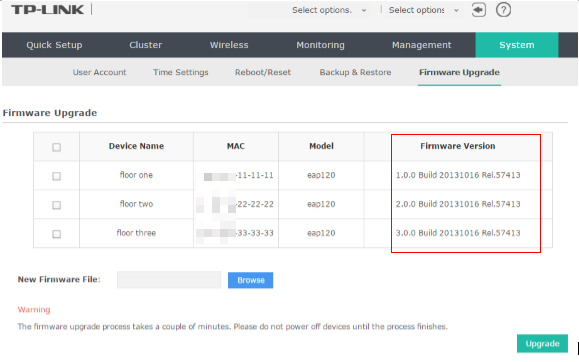 Auranet business Wi-Fi firmware upgrade page.