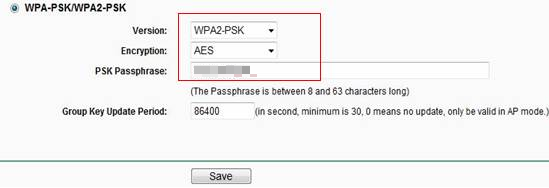 Wireless security settings page.
