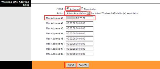 Wireless MAC Address Filter page.