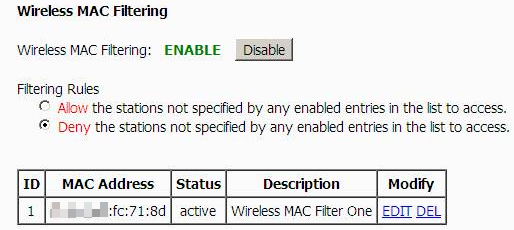 Wireless MAC Filtering page.