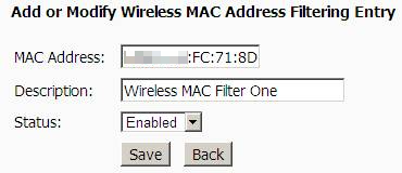 Edit Wireless MAC Address Filtering Entry.