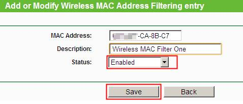 Edit Wireless MAC Address Filtering entry.