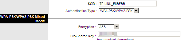 Wireless security settings page.
