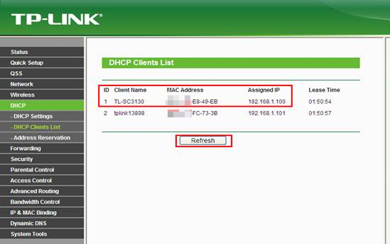 DHCP Clients List page.