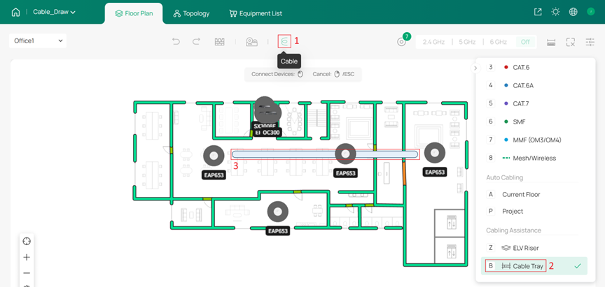 Manually drawing cable trays.