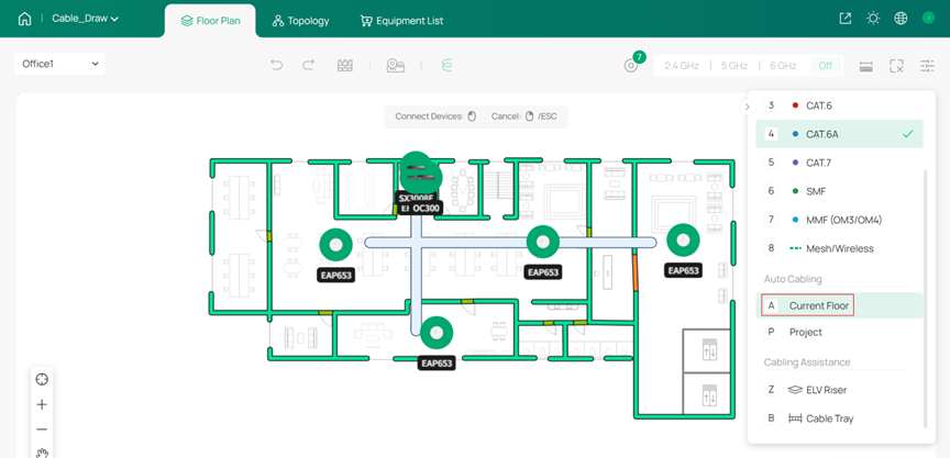 Using Auto Cabling with Current Floor selected to automatically generate cable connections.