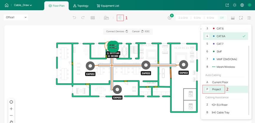 Using Auto Cabling with Project selected to automatically generate cable connections for all floors.