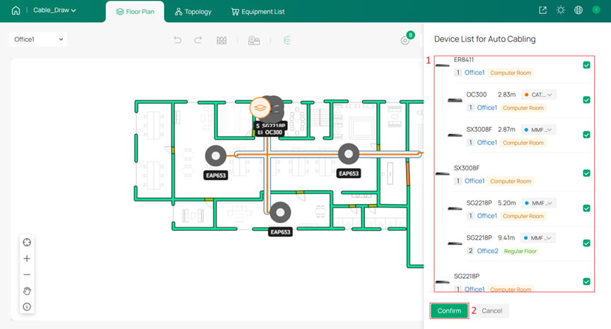 Adjusting the results of Auto Cabling to refine cable routing within and between floors.