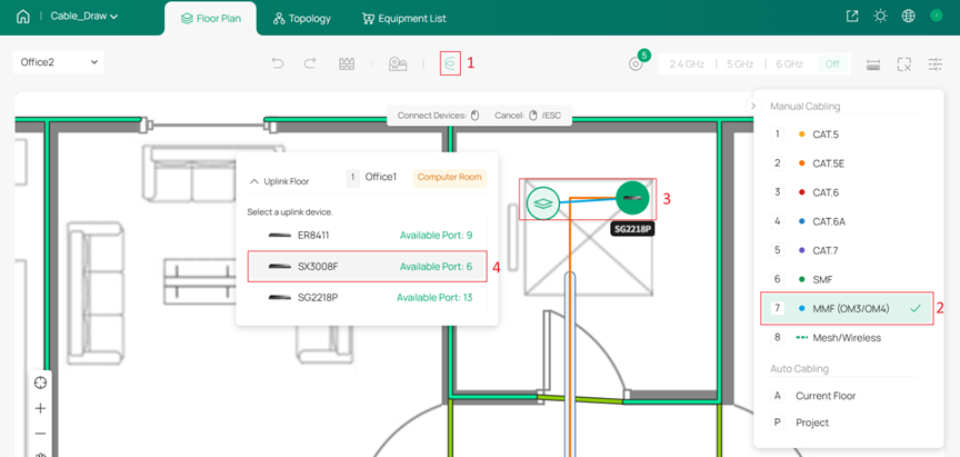 SG2218P on Floor 2 connecting across floors to SX3008F on Floor 1.