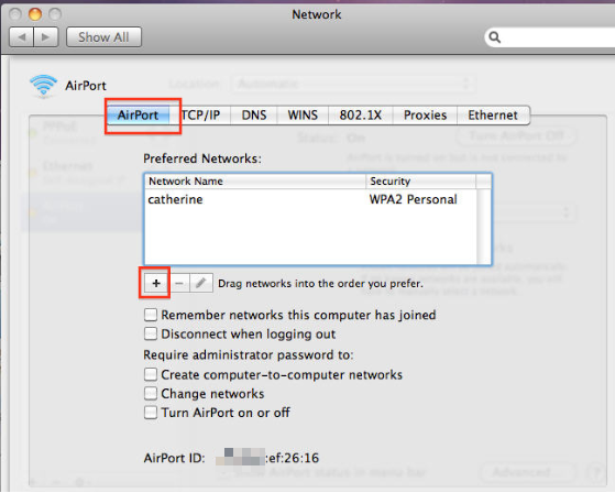 Click button “+” on AirPort page.